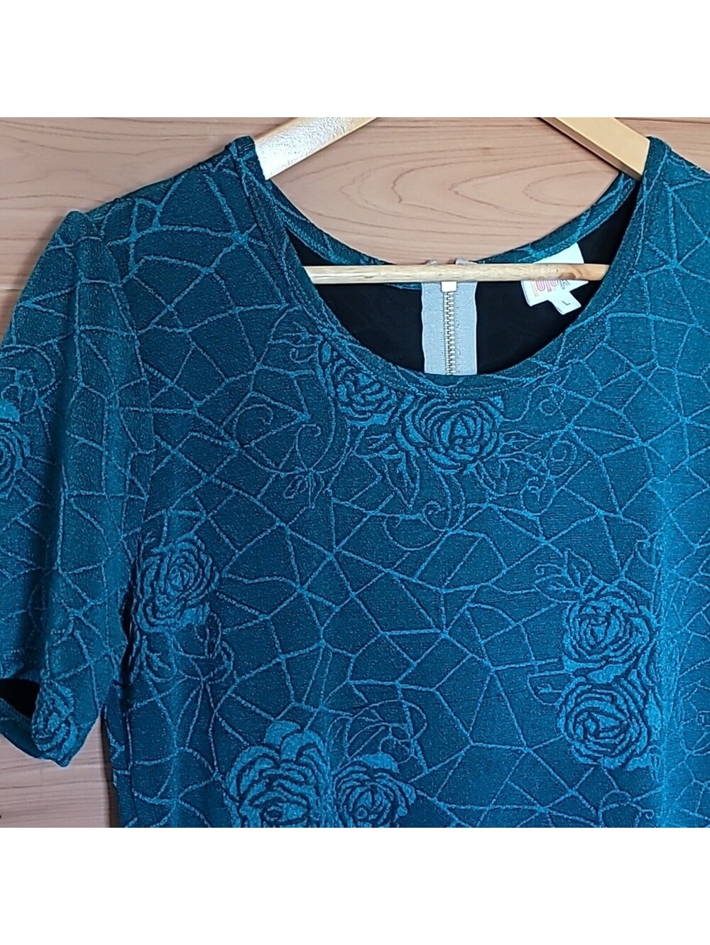 LuLaRoe Amelia Dress, Size L, Teal, Turquoise, Green, Geometric Roses - Picture 3 of 8